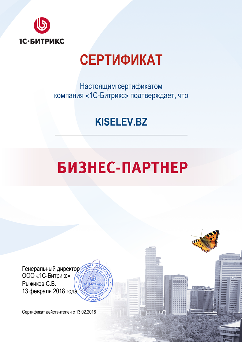 Сертификат партнёра по СРМ системам в Поворино